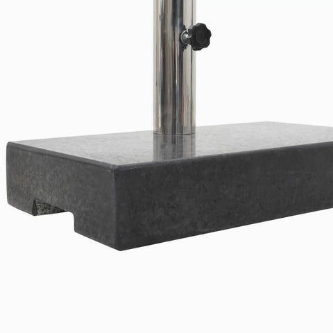 Close-up of Beefy 25Kg Granite Parasol Base With Locking Bolts And Adapter, highlighting heavy duty granite material and metal pole.