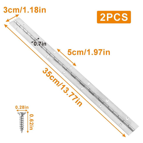 Set Of Two 14 Inch Silver Piano Hinge For Cabinet And Door Hardware Heavy Duty Continuous Stainless Steel 304 Long Hinge dimensions showing 35cm x 5cm.