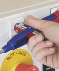 Universal Control Cabinet Key Pen Style With Clip Featuring Four Key Profiles for shut-offs, shown in use with a control panel