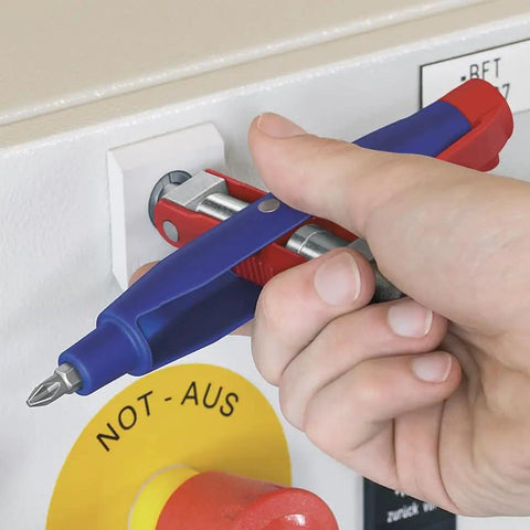 Universal Control Cabinet Key Pen Style With Clip Featuring Four Key Profiles for shut-offs, shown in use with a control panel