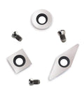 Ridiculously Sharp Carbide Replacement Inserts For Mini Wood Lathes Tough Square Round And Diamond Cutters with screws arranged.