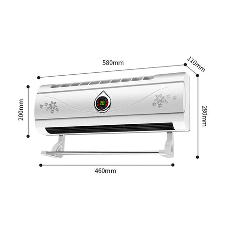 Wall Mounted PTC Ceramic Space Heater With Remote Control Timer, dimensions and design details for indoor comfort.