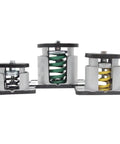 Heavy Duty Adjustable Spring Shock Absorber Mount For Outdoor AC Units And Industrial Gear With 50 KG Capacity, showing three sizes with colored springs.
