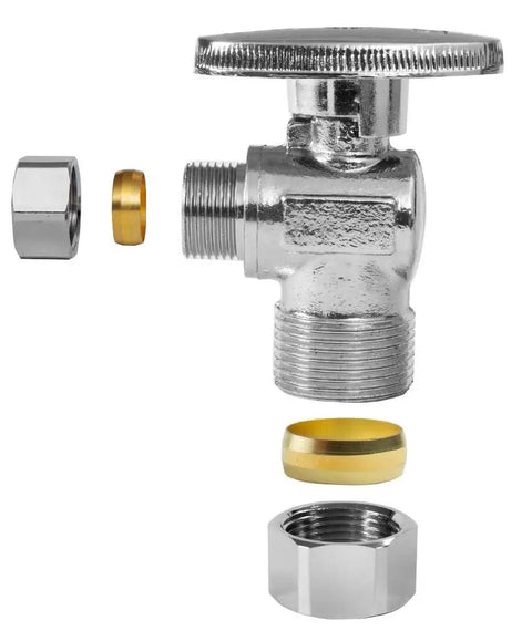 Heavy Duty Sink Angle Stop Valve With Easy Quarter-Turn Metal Handle One Half Inch Nominal Compression Five Eighths Inch OD To Three Eighths Inch OD Chrome Brass Shut Off Valve For Faucets Toilets And Sinks Fits One Half Copper Pipe Built To Last. Chrome brass angle stop valve with fittings