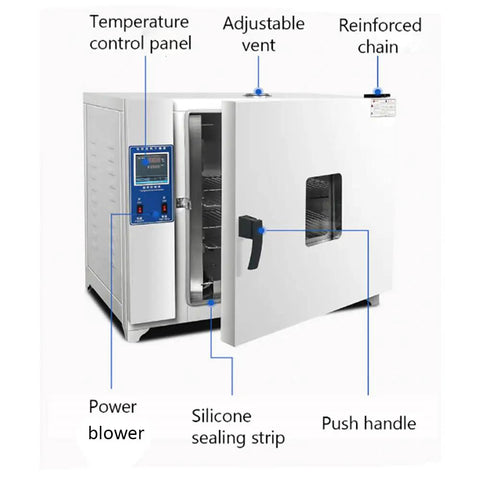 Heavy Duty 16L Digital Lab Drying Oven With Intelligent PID Temp Controller And Hot Air Circulation For Precision Heating Up To 300°C, showing control panel and features.