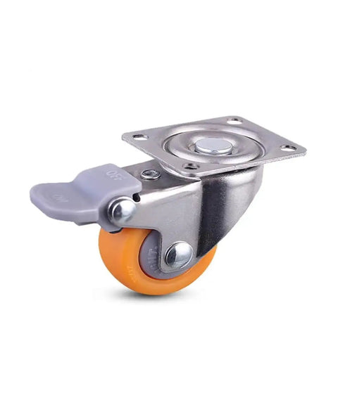 Pack Of 4 Orange 1.5 Inch Screw Casters For Furniture Wheels Silent Polypropylene Casters For Display Cabinets And Speaker Stands Easy Gliding Heavy Duty And Quiet showing one caster with metal frame and brake