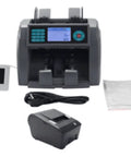 Slick Heavy Duty Money Counter Machine Featuring Automatic Mixed Denomination Processing And Straight Up Counterfeit Detection, with display and accessories.