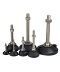 Built Tough Adjustable Leveling Feet With Swivel Base No Sweat Setup Threading Universal Equipment Support Legs Rock Solid Stability For Garage Furniture And Shop Machinery Glide Pads 10 Pack showing various sizes with stainless steel bolts.