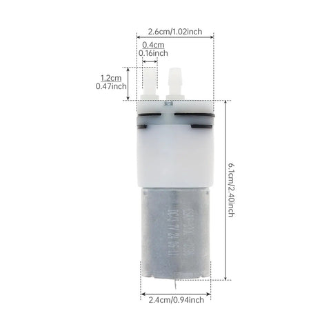 Two Pack R370 Micro Water Pump Motor With 3.7V DC Power, Tiny Suction Diaphragm Pump, Self Priming, dimensions shown.