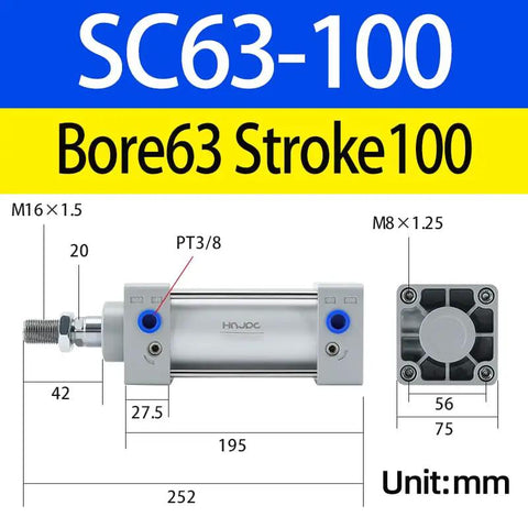Heavy-Duty Aluminum Pneumatic Cylinder, 2.5 Inch Bore, 4 Inch Stroke, Double Acting Air Cylinder for Industrial Automation, Model SC63X100, PT3/8 Port
