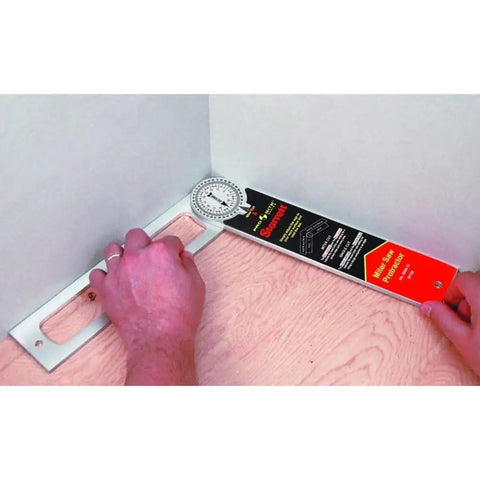 ProSite 505A-12 Aluminum Miter Protractor 12 Inch Workhorse measuring corner angles, showing its 5-in-1 design for precise cuts.