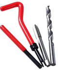Close-up of Stainless Steel M8x1.25 Thread Repair Kit components: tap, drill bit, and install tool for auto repairs.