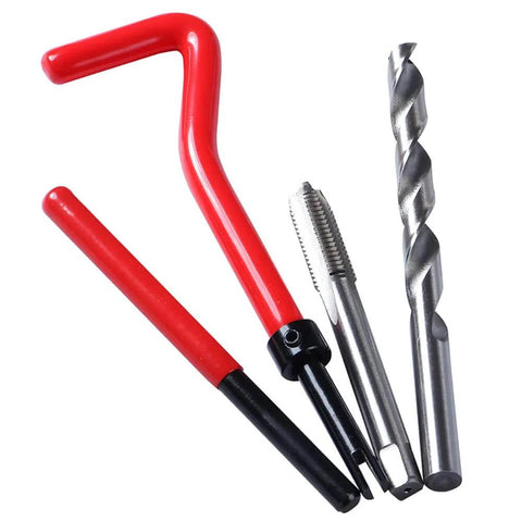 Close-up of Stainless Steel M8x1.25 Thread Repair Kit components: tap, drill bit, and install tool for auto repairs.