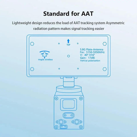 Diagram of 5.8G 17dB High Gain Planar Antenna for RC Drones with Auto Tracking and Vertical Polarization, RP-SMA Connector.