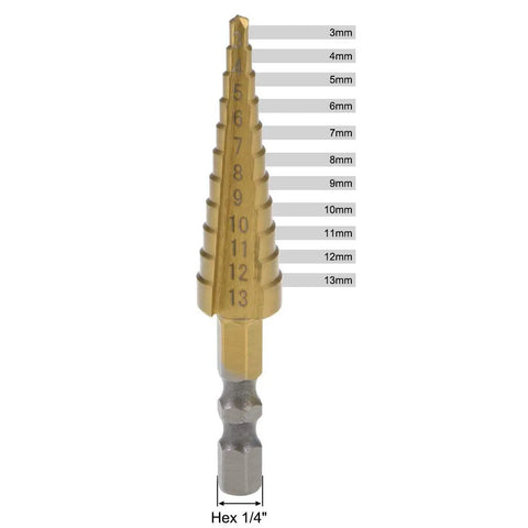 Titanium Coated HSS Step Drill Bit Set 3mm to 13mm in 11 Sizes With Hex Shank For Metal Wood Plastic