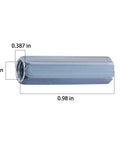 Extended Hexagon Quarter Inch 20 Coupling Nuts Zinc Plated Steel Threaded Rod Connectors showing dimensions 0.98 in x 0.2 in x 0.387 in.