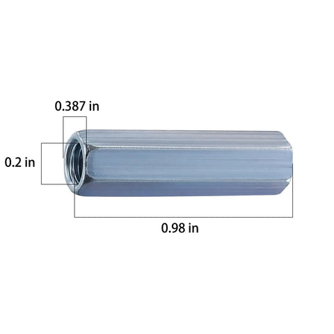 Extended Hexagon Quarter Inch 20 Coupling Nuts Zinc Plated Steel Threaded Rod Connectors showing dimensions 0.98 in x 0.2 in x 0.387 in.