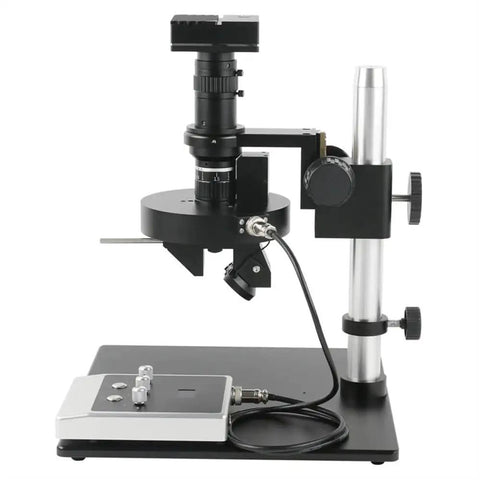 Pro-Grade Industrial Video Measuring Microscope Camera With 4K 2K 1080P HDMI Output, 120X Zoom, 2D 3D Inspection, C-Mount Lens, 360-Degree Electric Rotation, Rugged LED Lighting, High-Res Live View For Precision Microscale Work, black base and silver post