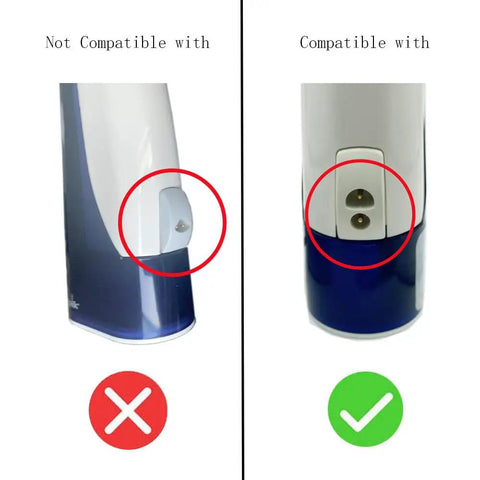 Comparison of compatible and not compatible water flosser ports for Replacement Power Cord For Water Flosser WP360 WP360W WP450 WP450W 3V SixPointFiveFeet Adapter