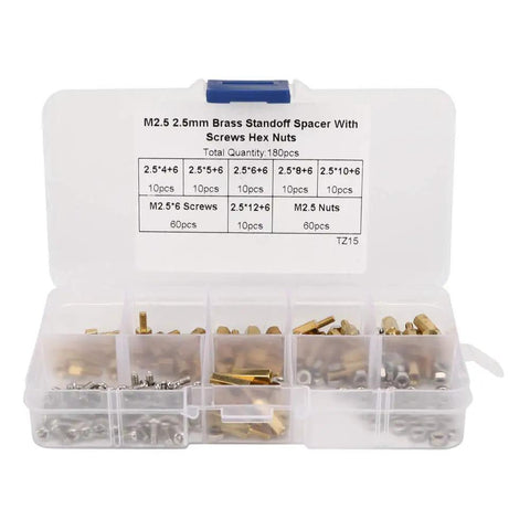 Top Shelf Carbon Steel Standoff Set Packed With Rock Solid One Way Screws And A Slick Storage Box Built For Gritty Panel Mounting Jobs And Daily Hardware Tasks Arrives In A Clean 180 Piece Bulk Kit with brass standoffs, screws and hex nuts organized in a clear storage case.