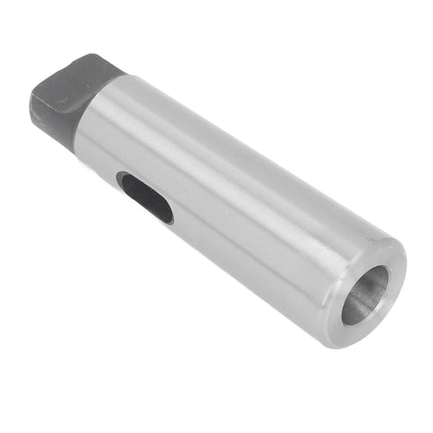 Morse taper drill sleeve reducing adapter — side view; steel, silver cylindrical body with black end and side hole.