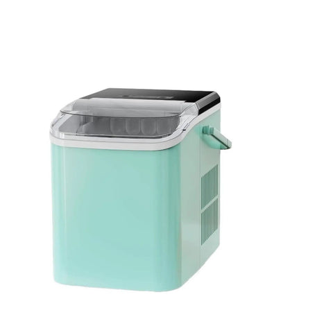 Countertop Ice Maker With Plug And Play Setup That Chills Drinks Fast Self Cleaning Mechanism in mint color with a portable grip.