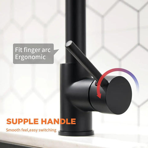 Ergonomic handle of Led Light Kitchen Faucet With Pull Down Sprayer in Matte Black 304 Stainless Steel with fit finger arc handle detail.
