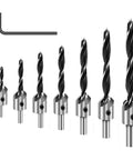 Front view of COMOWARE 7-piece countersink drill bit set for wood with hex key; high-speed steel