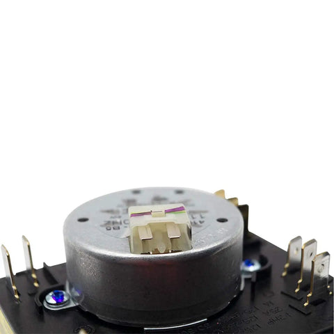 Model Specific Clothes Dryer Timer Replacement For Your Dryer 115V 60Hz 3W CW Rotation D Shaft One Quarter Inch To Five Sixteenth Inch Quick Connect Terminals Not Universal Fits WPW10185992 AP6016542 4441883 PS11749833, showing detailed view of metal casing and terminals.