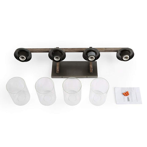 Farmhouse Vanity Light Fixture With Faux Wood Finish And Clear Glass Shades, 4 Light Rustic Industrial Style, base and shades view