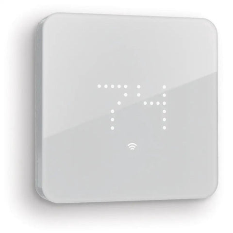 ZigBee Edition Smart Thermostat For Easy Comfort Control In Your Home Heating And Cooling Compatible With SmartThings SwannOne And Securifi Almond Hubs Simple Install And Smooth ZigBee Platform Support Coming Soon, showing LED display at 74 degrees with sleek white design.