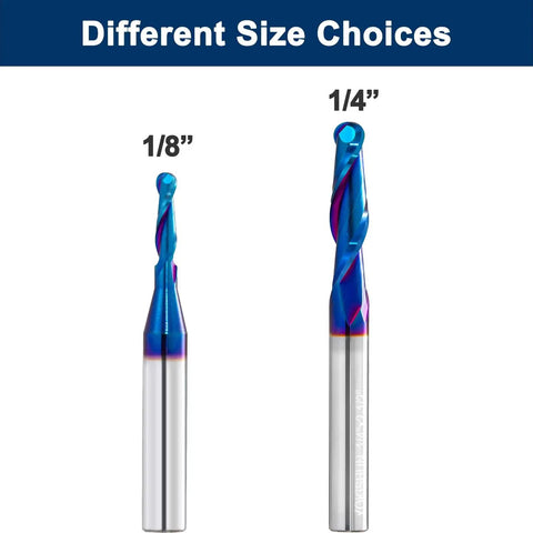 Two Piece Ball Nose End Mill Set For CNC Router Bits, Carbide With Nano Blue Coating, 1/4 Inch Shank Options, Front View