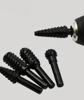 Five Piece One Quarter Inch Rotary Rasp Drill Bit Set With 6mm Shanks Pro Grade Heavy Duty for shaping and engraving, shown with a drill.