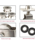 Close-up of Heavy Duty Sliding Gate Rolls With Spring Loaded V Groove Track And Rust Proof Stainless Steel Build, showing wheel types and bracket.