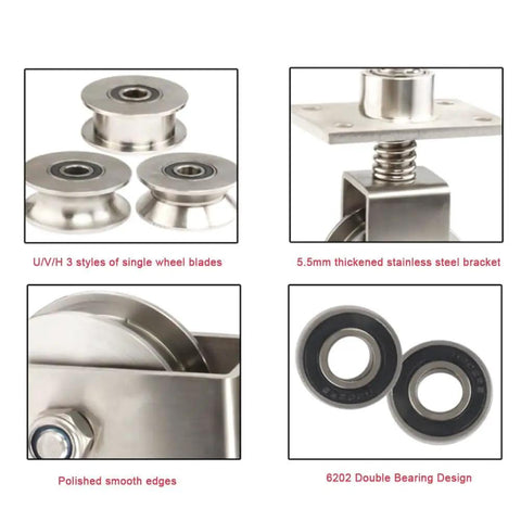 Heavy Duty Spring Loaded Sliding Gate Wheels With Smooth Roll V Groove Design features 304 stainless steel components and dual bearing sliders.