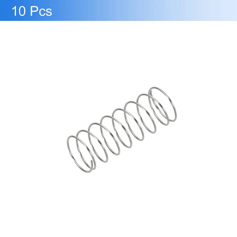 Close-up of a single spring from the Ten Pack 0.2mm Wire Diameter 304 Stainless Steel Springs 3.5mm Outer Diameter 10mm Length For Ballpoint Pen Pressure And Small DIY Repairs Durable Rustproof Shop Home Springs.