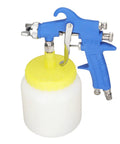 Heavy Duty Stainless Steel Paint Sprayer With 1.5 Mm Siphon Nozzle For Auto Detailing and Hot Rod Builds side view with blue handle and white cup.