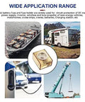 Heavy Duty 200A MRBF Terminal Fuse With Badass Durability And No Fuss Marine Battery Protection 58V DC Max image showing various applications for marine and vehicle use.