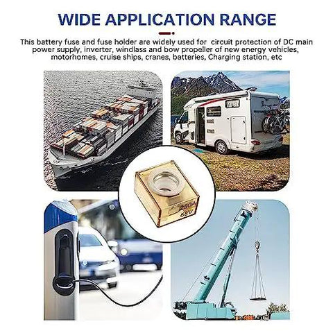 Heavy Duty 200A MRBF Terminal Fuse With Badass Durability And No Fuss Marine Battery Protection 58V DC Max image showing various applications for marine and vehicle use.