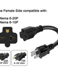 No Sweat NEMA 5 15P To 6 20R EV Charging Adapter 12 Inch male and female connectors for electric vehicle charging.