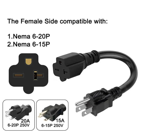 No Sweat NEMA 5 15P To 6 20R EV Charging Adapter 12 Inch male and female connectors for electric vehicle charging.