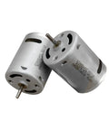 Two Micro RS370 DC Motors with shafts visible, 370 size, 33600 RPM, compatible with 6V-12V power sources for DIY projects and gadgets.