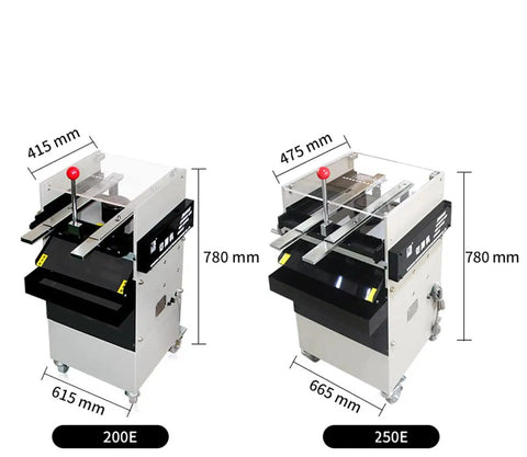 Two semi automatic PCB cutting machines for lead wires and board pins, 200E and 250E models, sturdy steel frame, easy operation.