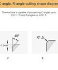 C-angle and R-angle cutting shape diagram for Heavy Duty Pneumatic Chamfering Tool With Six Blades And Four Bearings.