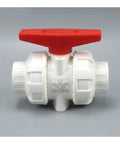 White PVC Ball Valve Union Fitting Set 3 Pcs 50 MM Precision Design For Water Pipe Plumbing Hose Connections Quick Snap Lock And Rock Solid Performance Built Tough, showing a single valve with red handle.