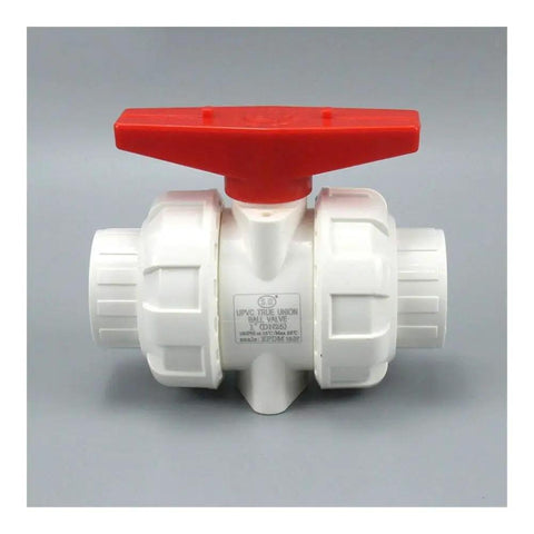 White PVC Ball Valve Union Fitting Set 3 Pcs 50 MM Precision Design For Water Pipe Plumbing Hose Connections Quick Snap Lock And Rock Solid Performance Built Tough, showing a single valve with red handle.