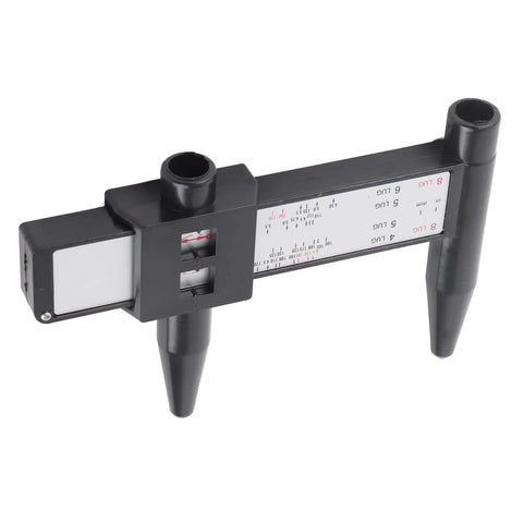 Slick Sliding Rim Gauge For Instant Bolt Pattern Readouts Fits Standard 4 5 6 8 Lug Sets, heavy-duty black polymer gauge measuring wheel lug spacing.