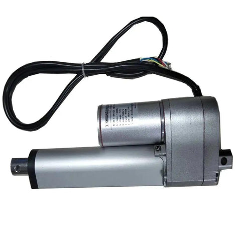 Beefy 1200N 24V DC Linear Actuator With Potentiometer Feedback showing motor and wiring, silver casing