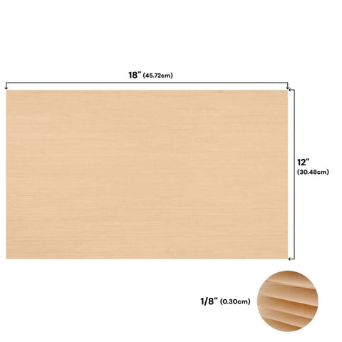 Baltic birch plywood sheet, front view, 18 x 12 in, 1/8 in thick, light wood veneer