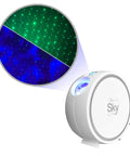 Sky Lite LED Laser Star Projector with green stars and blue nebula cloud projecting from white casing